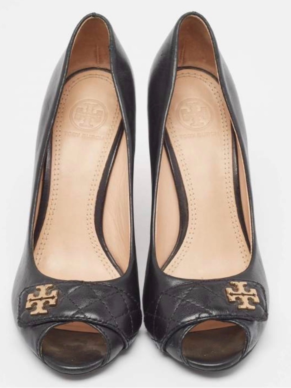 Tory Burch Black Leather Leila Peep Toe Wedge Pumps Size